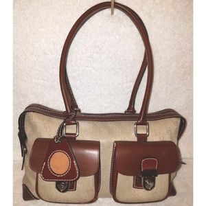 Dooney & Bourke cream and brown monogram satchel handbag
